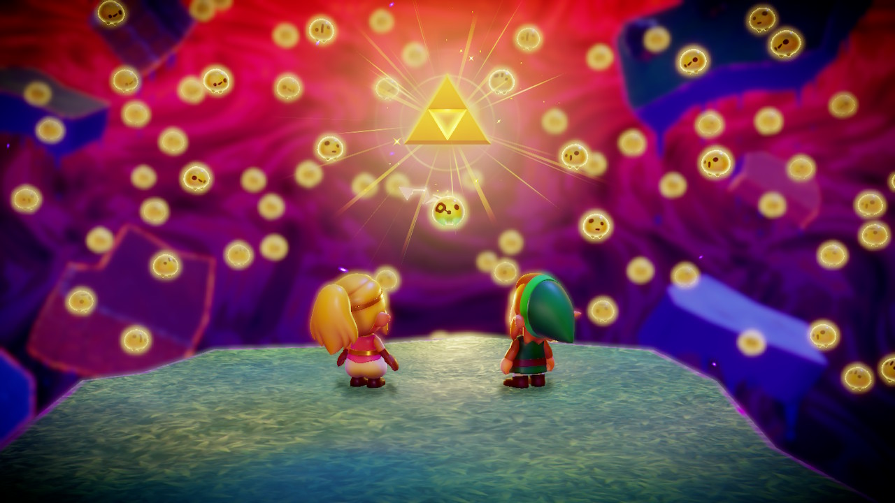 Zelda and Link stand in front of the Triforce.