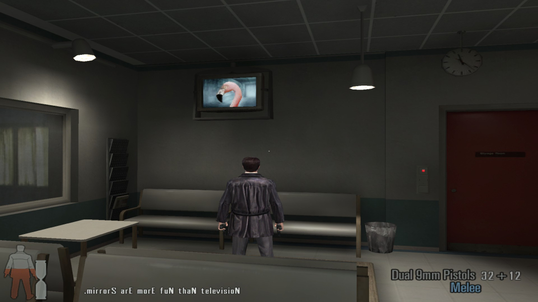 A flamingo on a television saying 'Mirrors are more fun than television'.