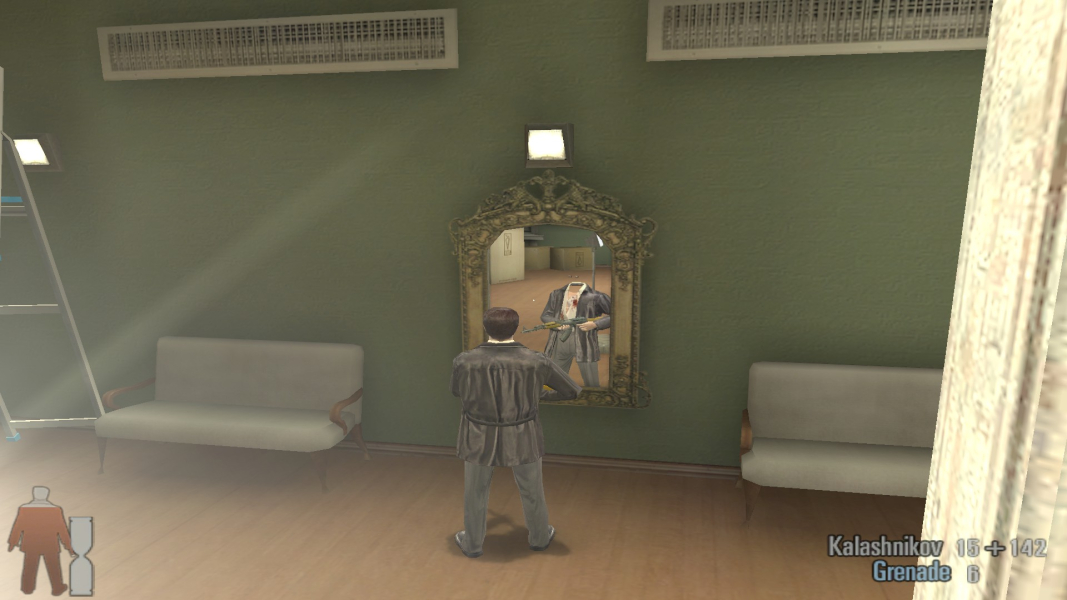 A graphical bug where Max has no head, but only in a mirror.